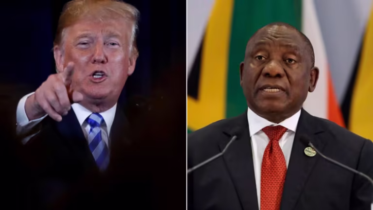 U.S. President Donald Trump speaking at a press conference, discussing his executive order to cut aid to South Africa and offer resettlement to white South Africans