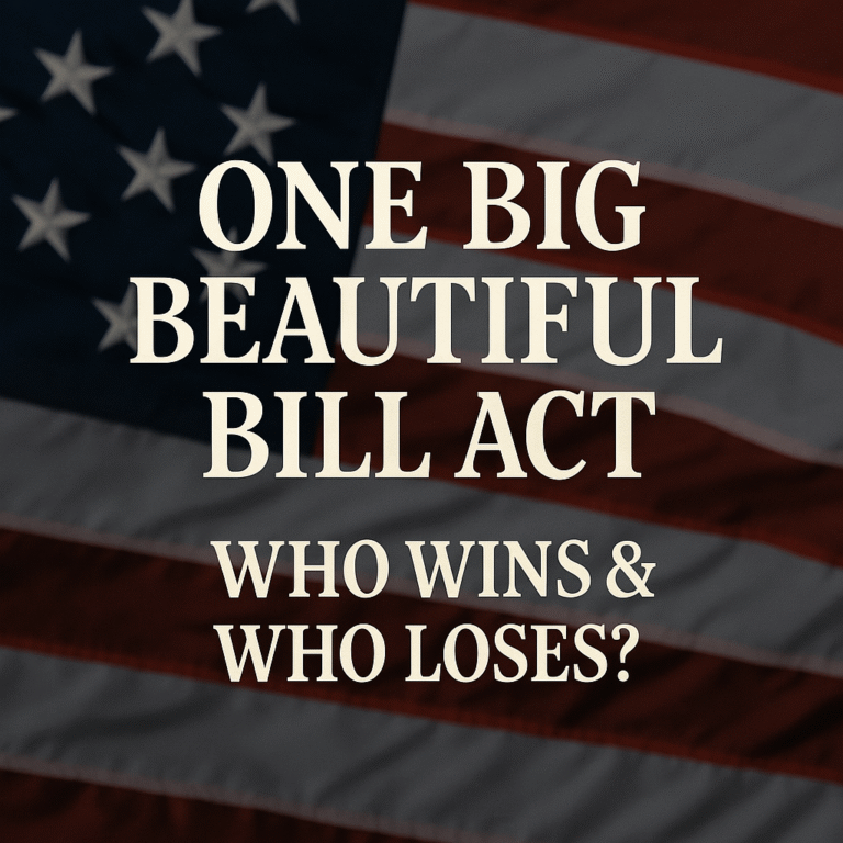 Illustration representing the One Big Beautiful Bill Act, showing financial impact, tax reforms, and political debate.