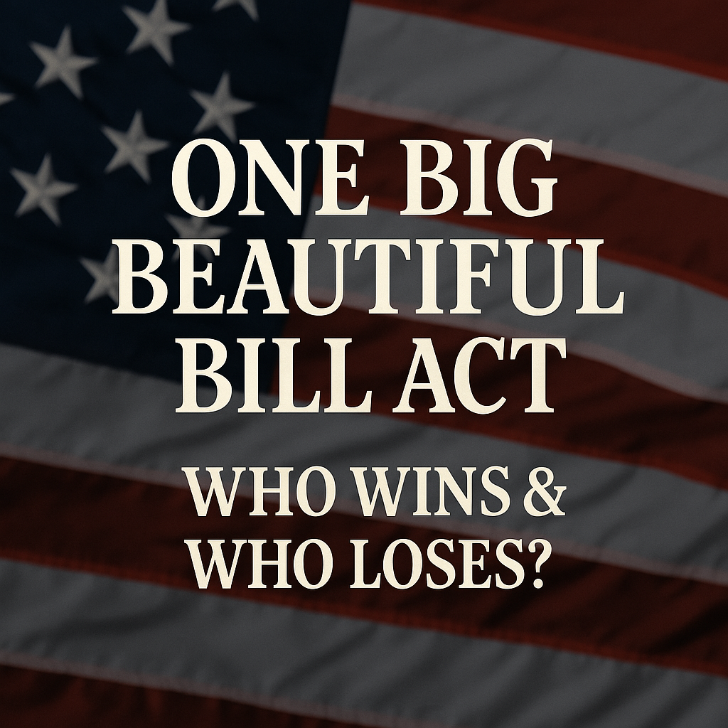 Illustration representing the One Big Beautiful Bill Act, showing financial impact, tax reforms, and political debate.