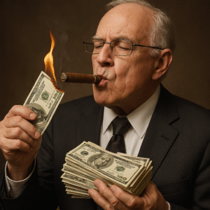 An elderly billionaire lighting a cigar with a $100 bill, surrounded by stacks of cash—symbolizing the secrets of billionaires and their untouchable wealth.