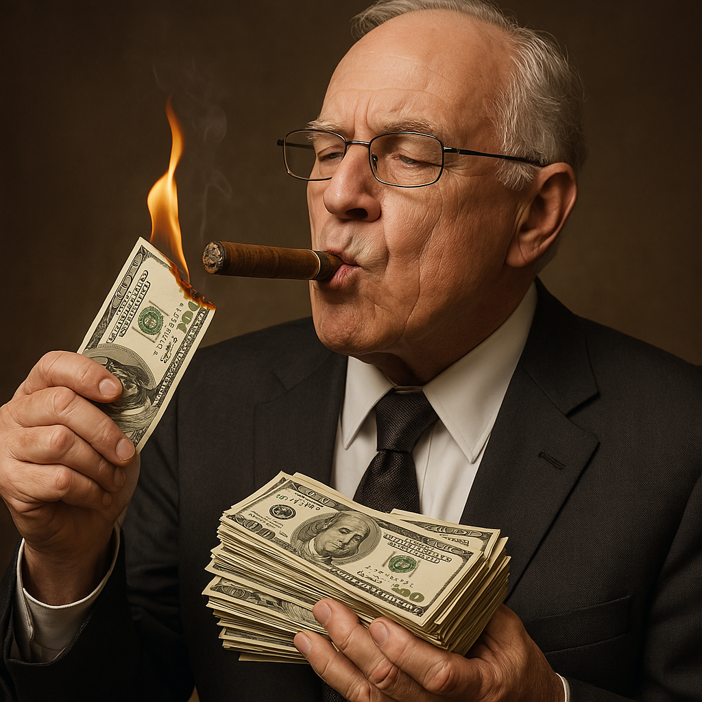 An elderly billionaire lighting a cigar with a $100 bill, surrounded by stacks of cash—symbolizing the secrets of billionaires and their untouchable wealth.