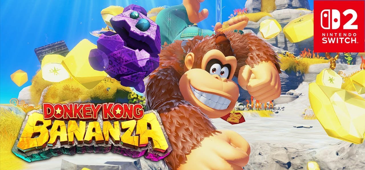 Donkey Kong smashing through underground ruins in Bananza, with golden bananas glowing in the background and debris flying mid-air